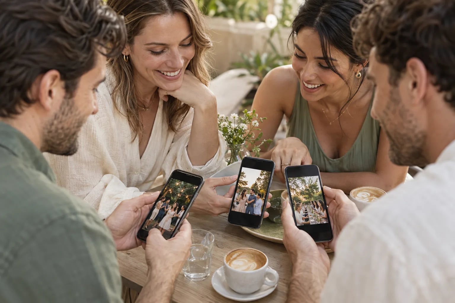 Freunde vergleichen ihre Eventfotos auf mehreren Smartphones an einem gemeinsamen Tisch