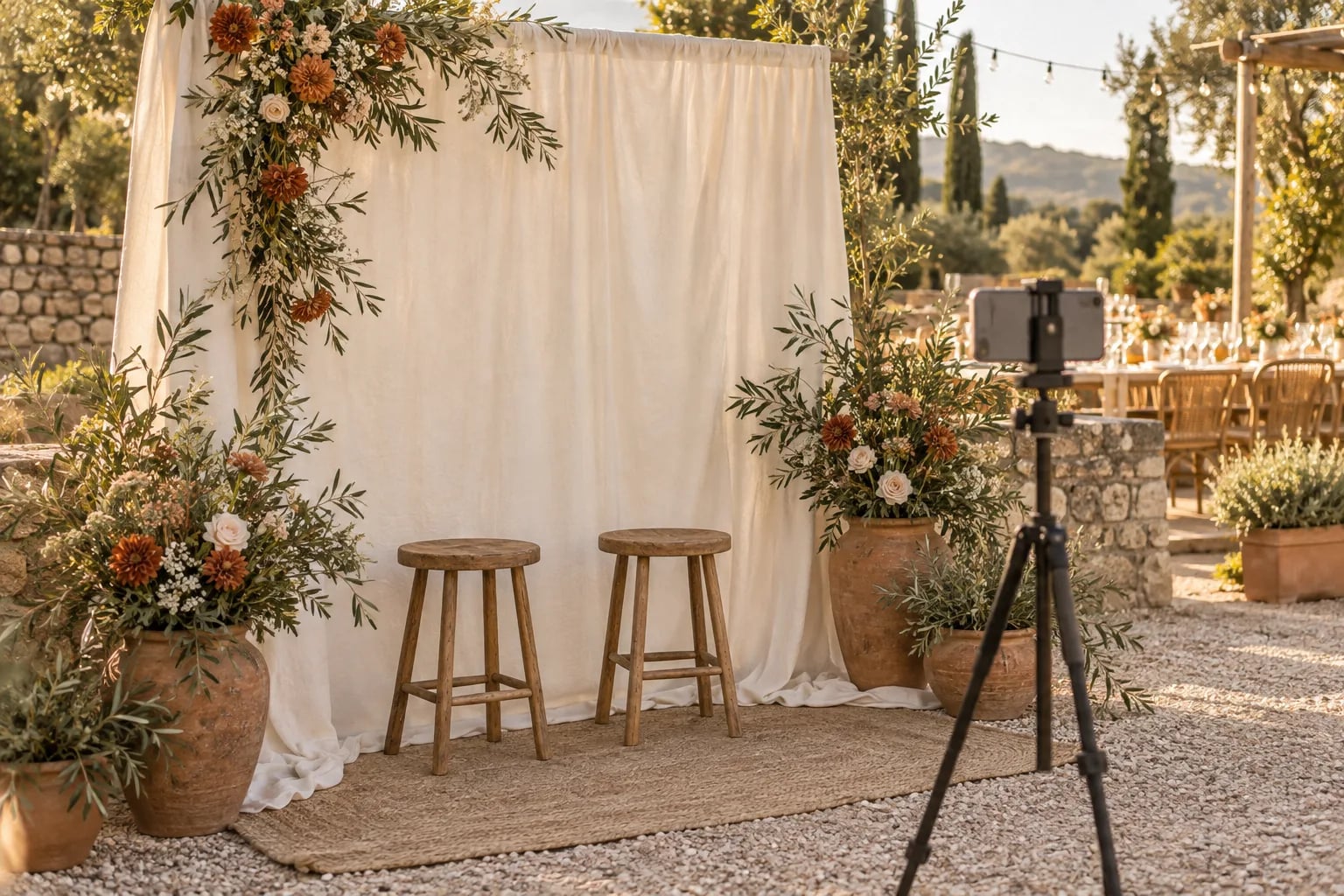 Fotoecke mit Stoffhintergrund, Blumen und Smartphone auf einem Stativ
