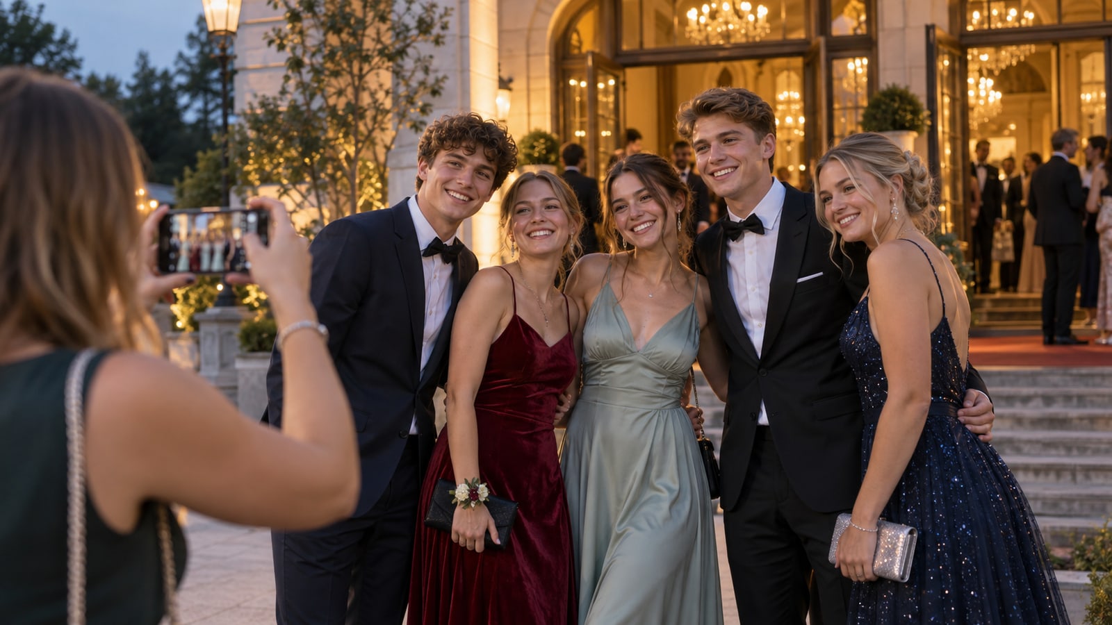 Abiturientinnen und Abiturienten in festlicher Kleidung lassen sich beim Abiball fotografieren.