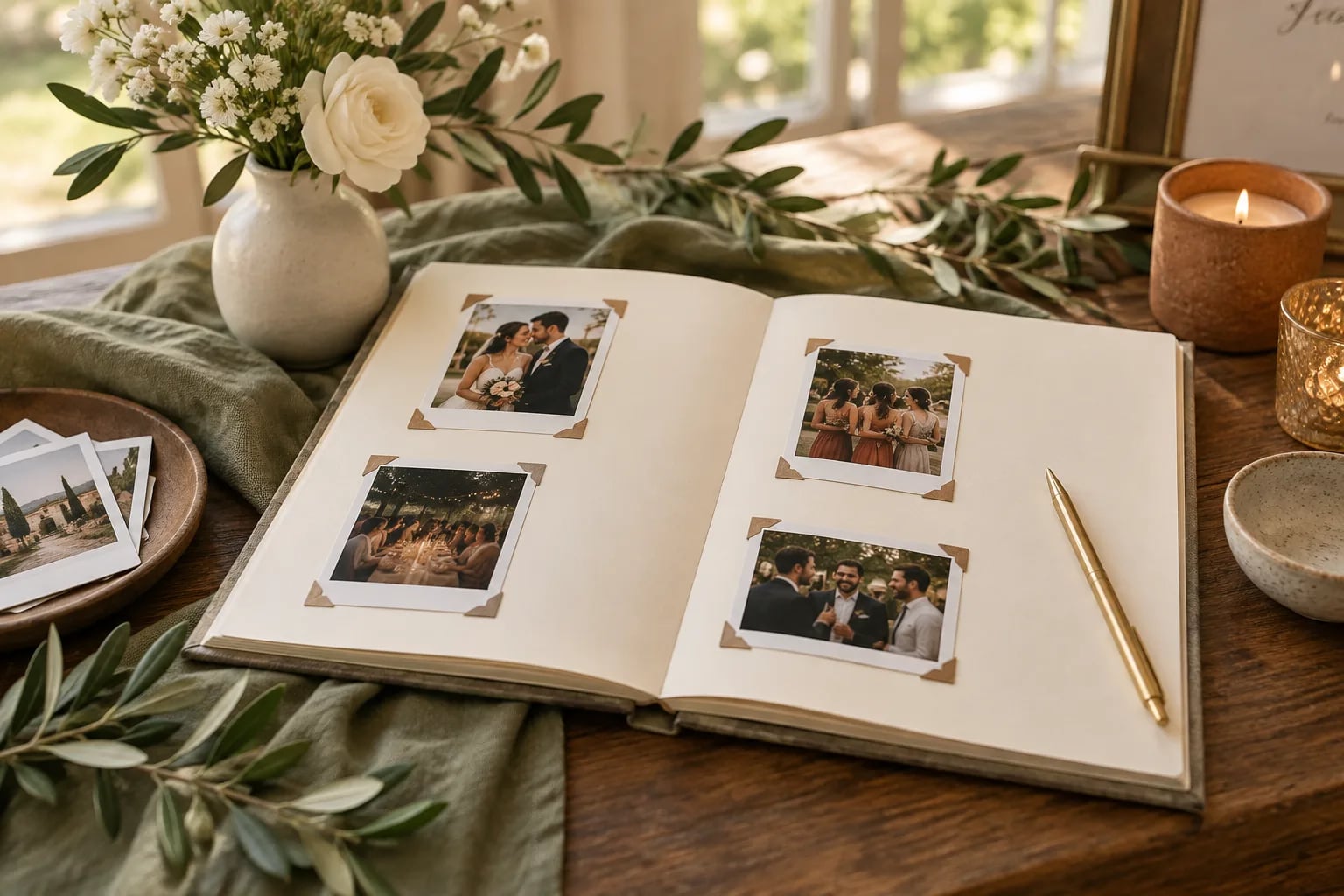 Aufgeschlagenes Hochzeitsgästebuch mit Sofortbildern, Stift und weißen Blumen auf einem Tisch