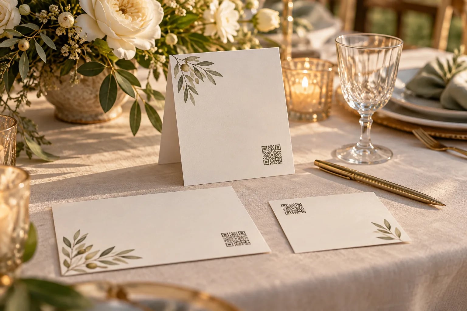 Dekorative QR-Code-Karten in verschiedenen Formaten auf einer Hochzeitstafel