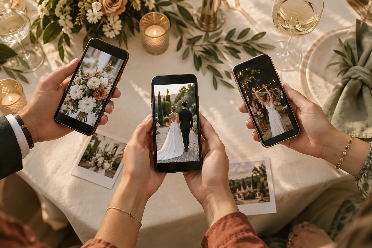 Gäste zeigen verschiedene Hochzeitsfotos auf ihren Smartphones