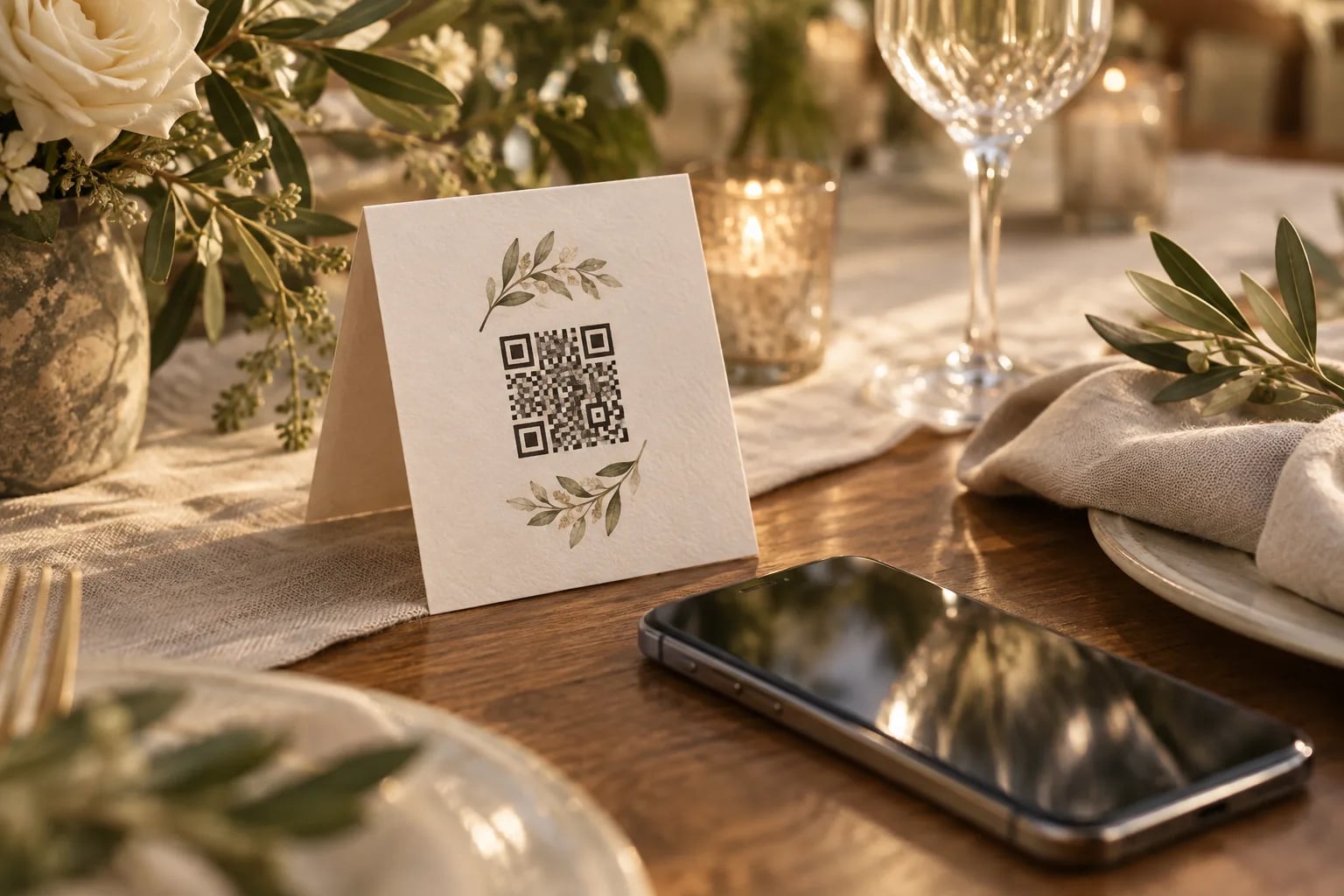 Dekorative QR-Code-Tischkarte und Smartphone auf einer Hochzeitstafel
