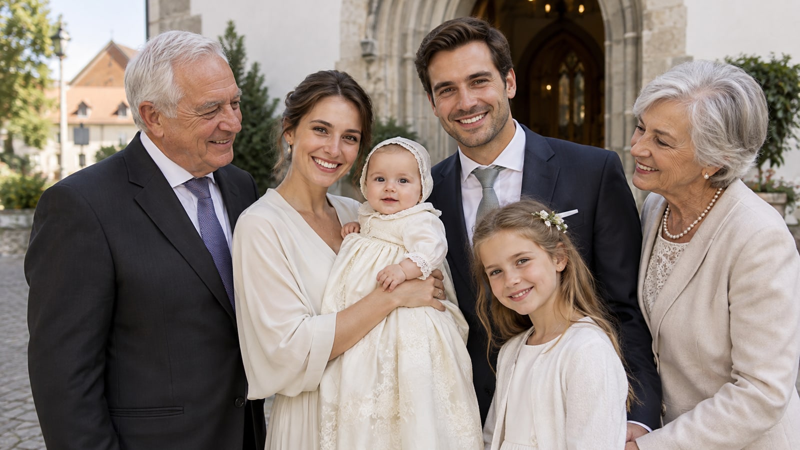 Familie mit Baby und Großeltern vor einer Kirche nach einer festlichen Familienfeier.