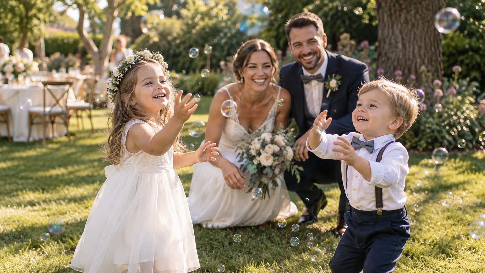 Kinder spielen bei einer Hochzeit mit Seifenblasen neben dem Brautpaar.