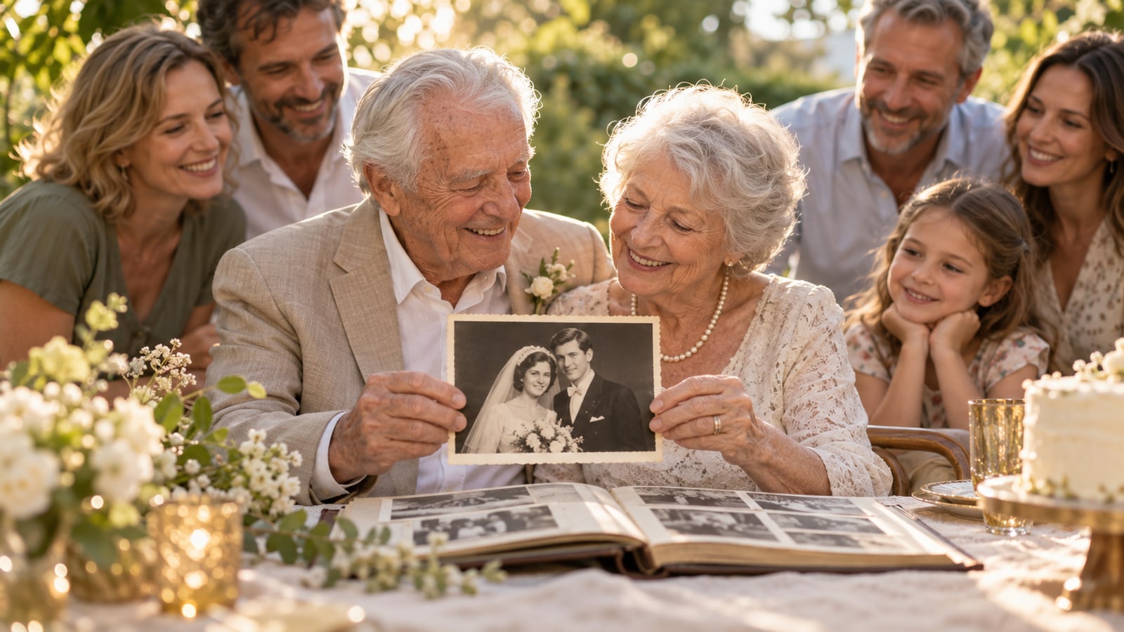 Ein Paar feiert seine goldene Hochzeit und betrachtet gemeinsam ein altes Hochzeitsfoto über einem Familienalbum.