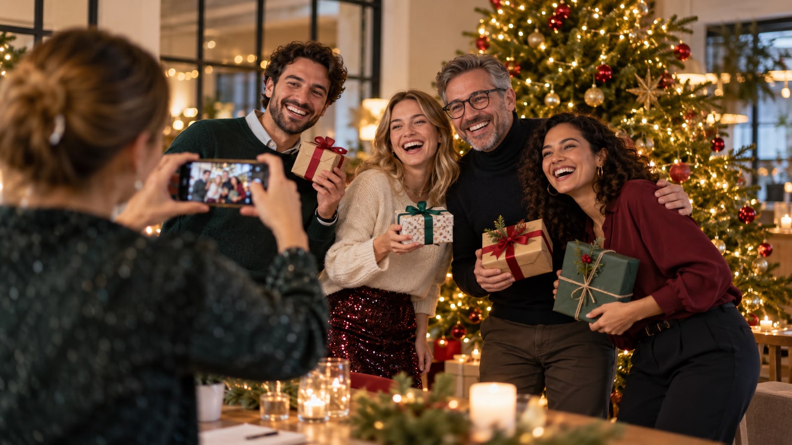 Kolleginnen und Kollegen posieren mit Wichtelgeschenken neben einem Weihnachtsbaum, während ein Teammitglied sie mit dem Smartphone fotografiert.