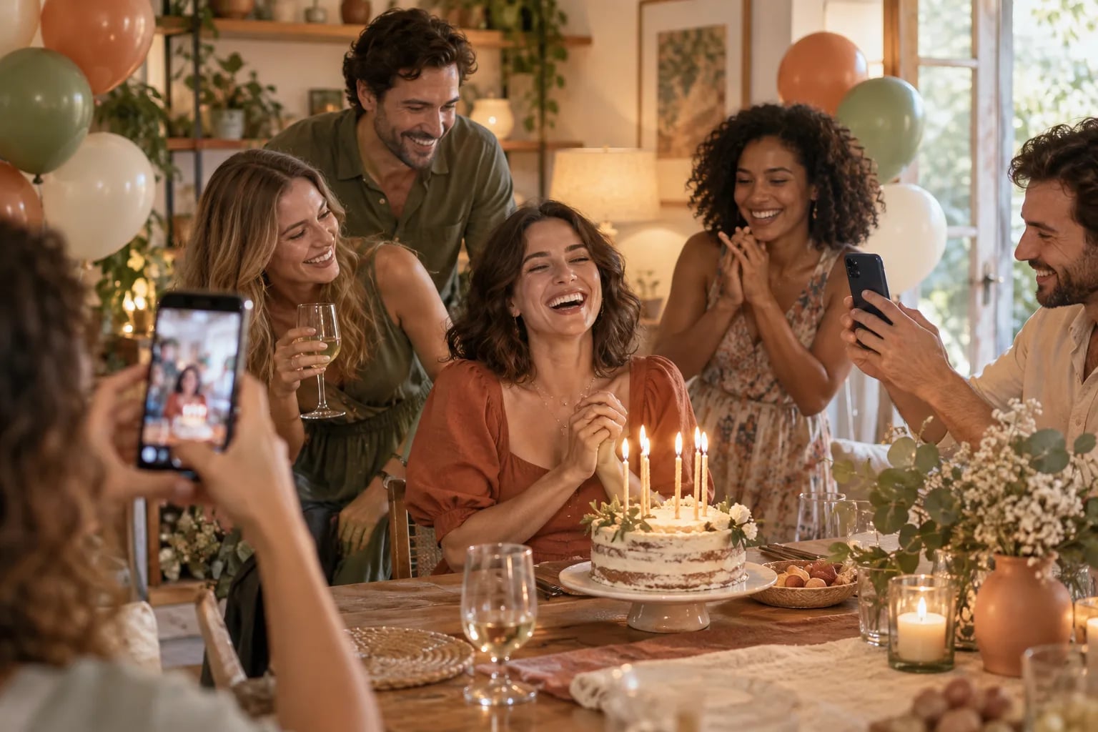 Geburtstagsgäste fotografieren lachend eine Freundin neben einem Kuchen mit Kerzen
