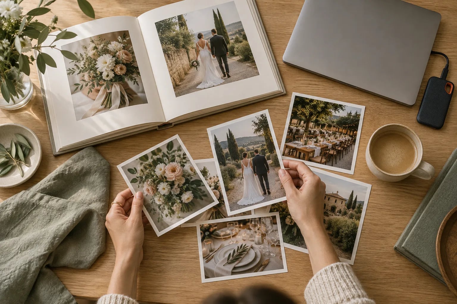 Hände sortieren Hochzeitsfotos neben einem offenen Fotobuch und einer externen Festplatte